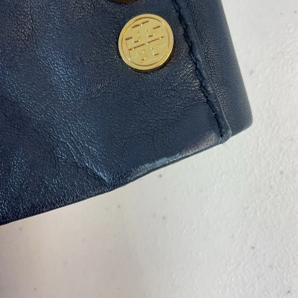 TORY BURCH‎ Blue Leather Short Moto Jacket Blue Leather Gold Buttons Sz 8 Soft
